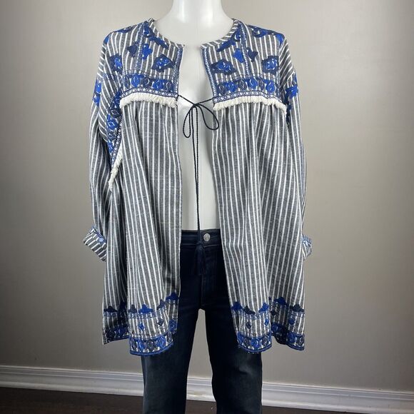 Velzera Boho Floral Embroidery Striped Open Jacket Top Oversized Bohemian - Picture 1 of 11